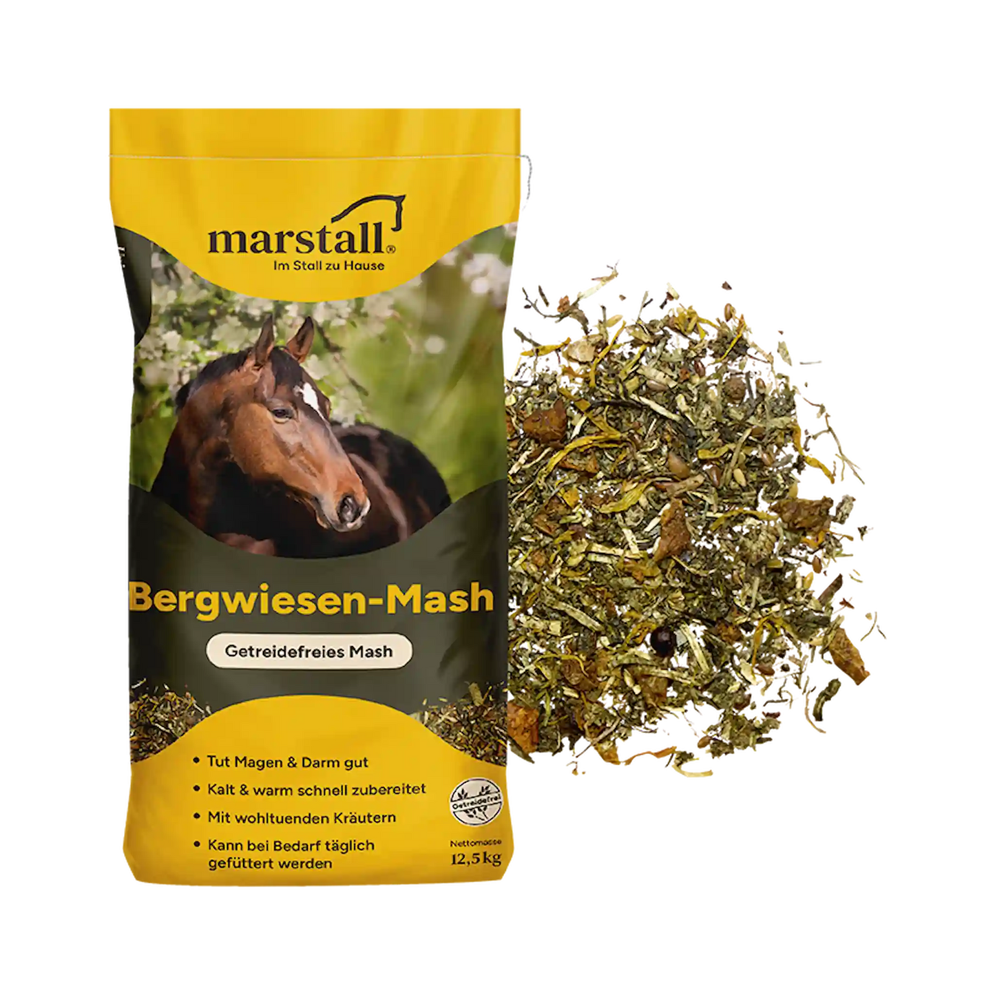 marstall Bergwiesen Mash Futtersack mit Kräutern und Gräsern für schonende Pferdefütterung