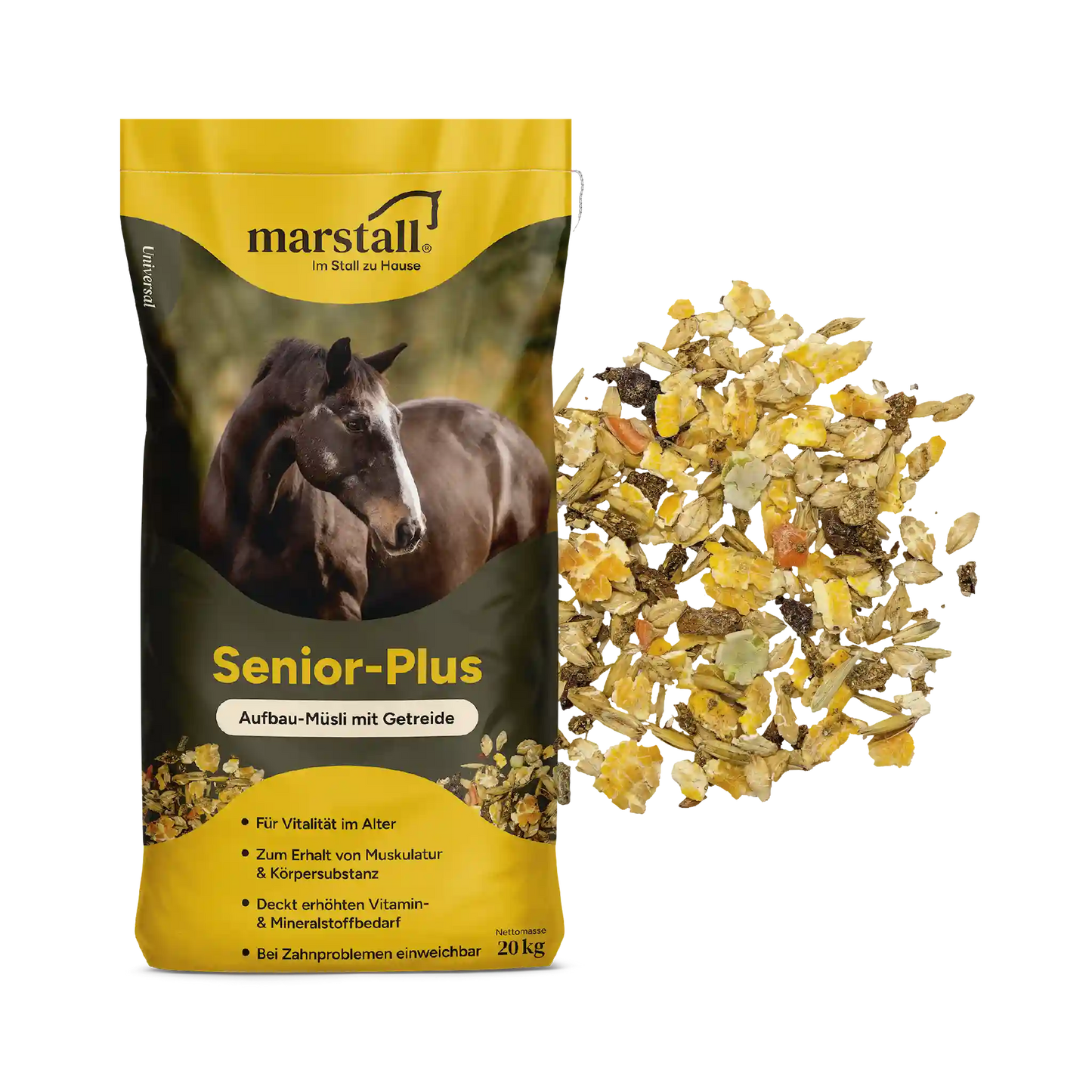 marstall Senior Plus Müsli für ältere Pferde zur Gewichtszunahme und Energieversorgung im Alltag
