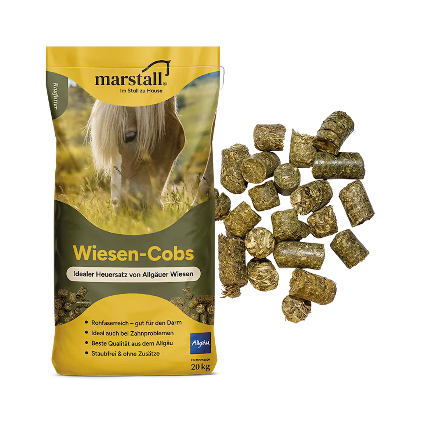 marstall Wiesen-Cobs Heucobs als Heuersatz für Pferde aus Allgäuer Wiesen