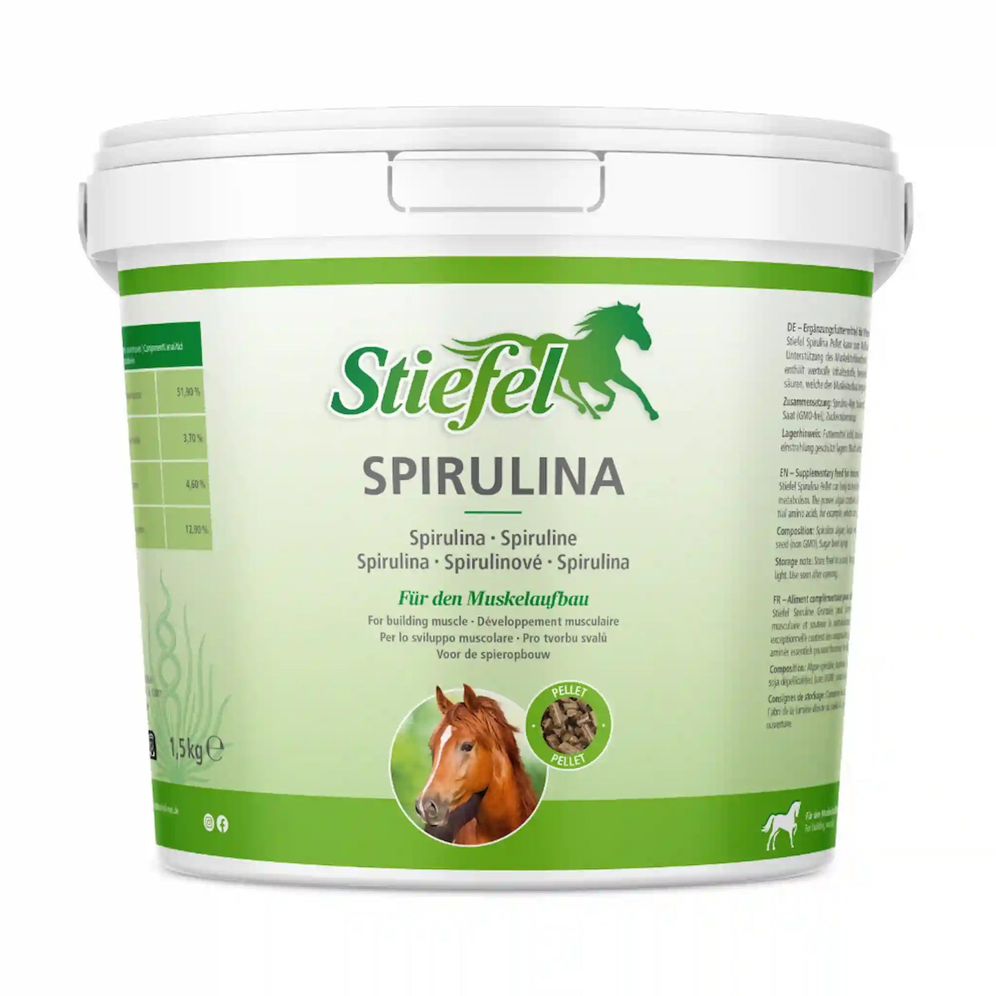 Stiefel Spirulina Pellets für Pferde zur Unterstützung von Muskulatur und Leistung